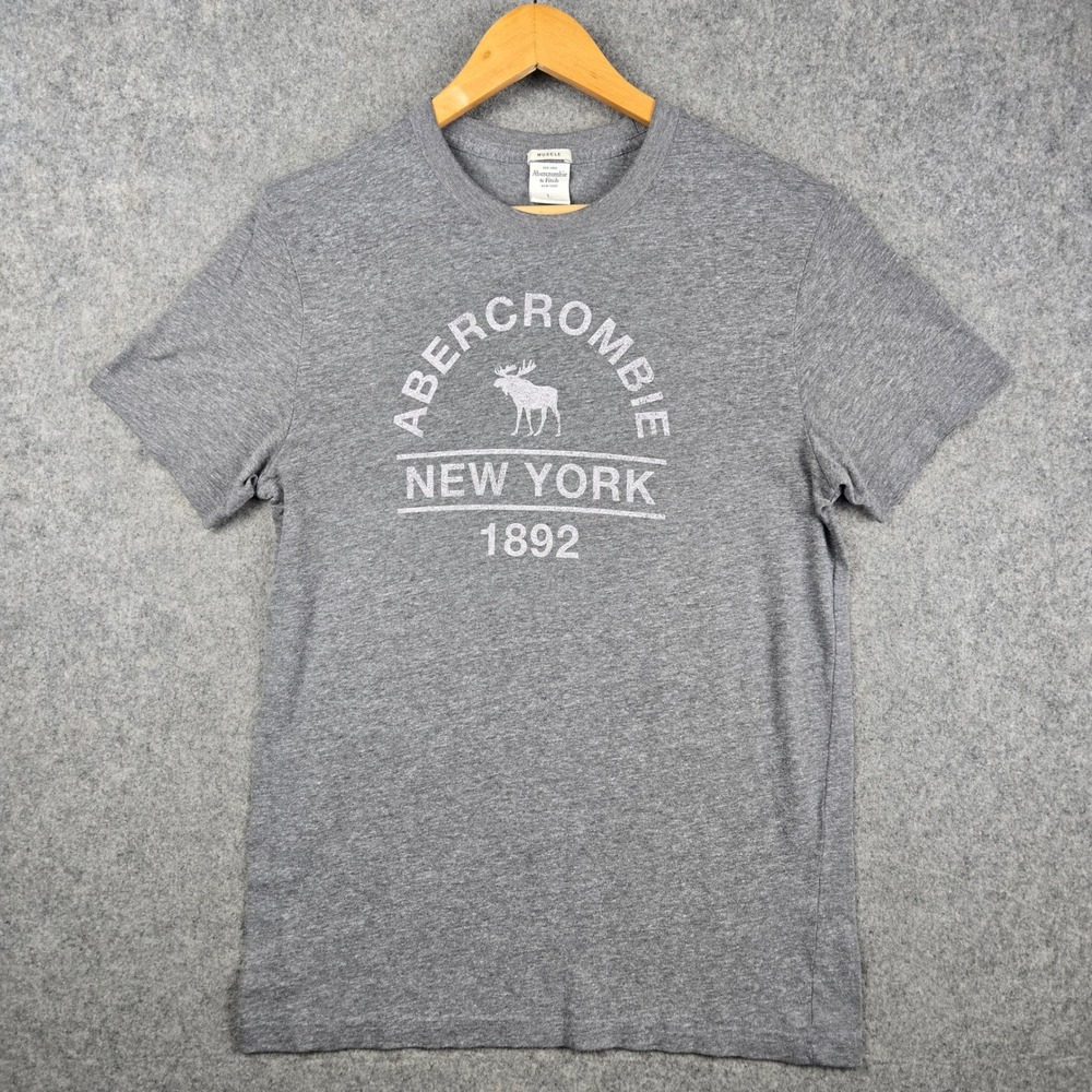 Abercrombie & Fitch Muscle T-Shirt Mens L Gray New York Moose Graphic Tee Y2K